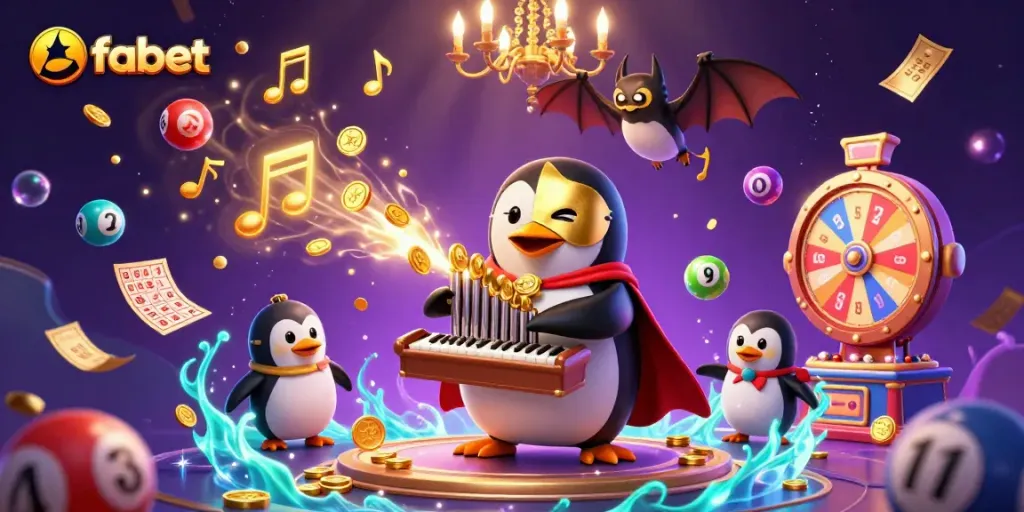 Join the fun at fabet as the penguin wins golden coins surrounded by vibrant gaming elements.
