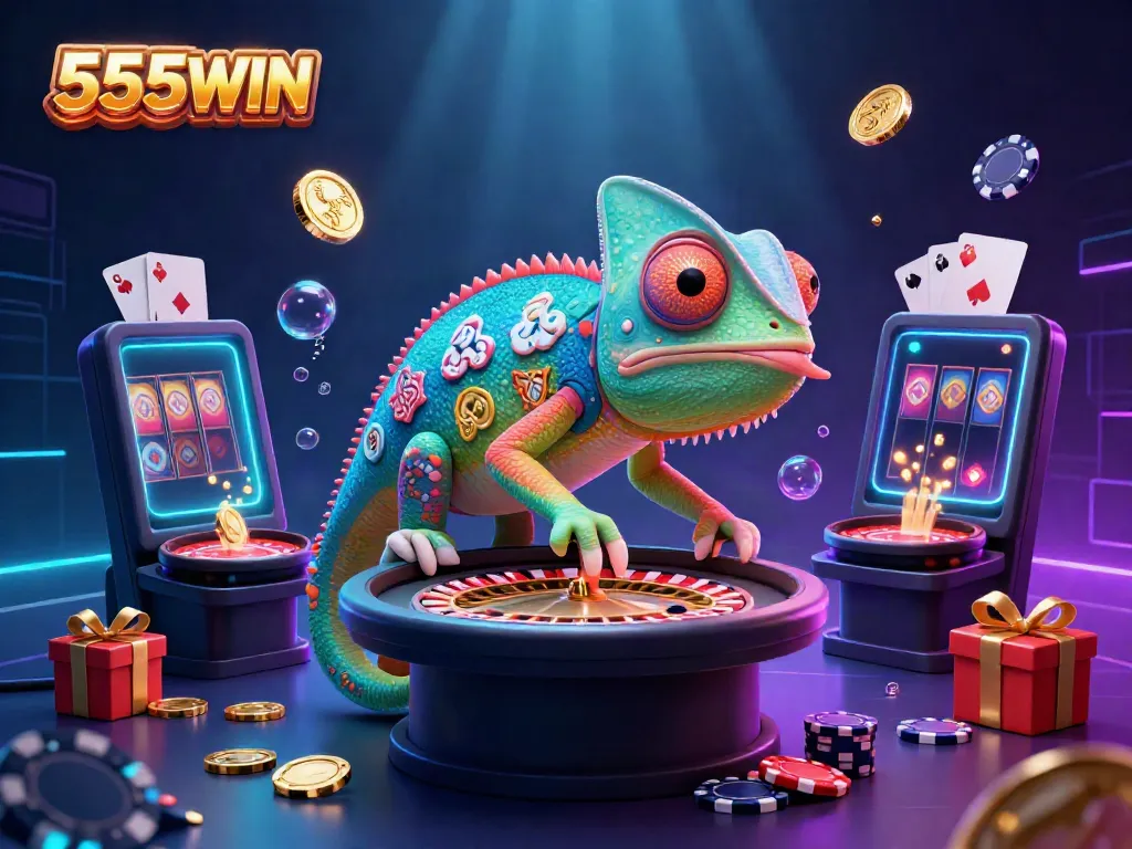 Engaging chameleon casino owner at 555WIN, with vibrant symbols of slots and gold coins.