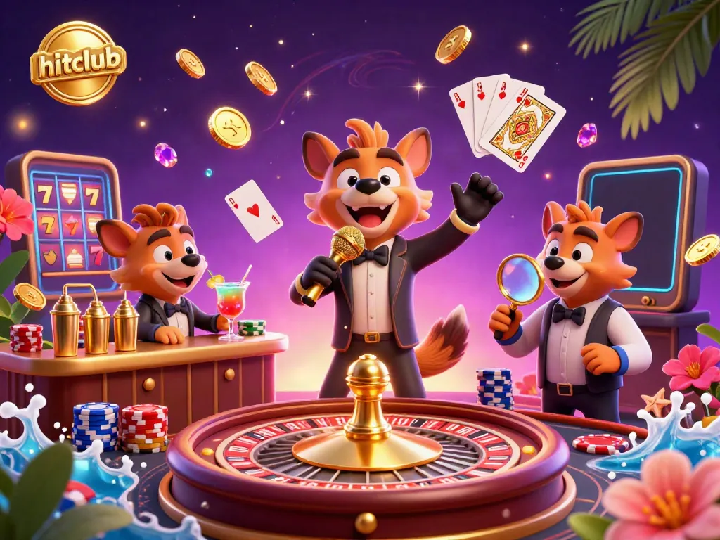 Join the hitclub at a vibrant casino scene featuring hyenas as a comedian, bartender, and bouncer amidst sparkling gaming elements.