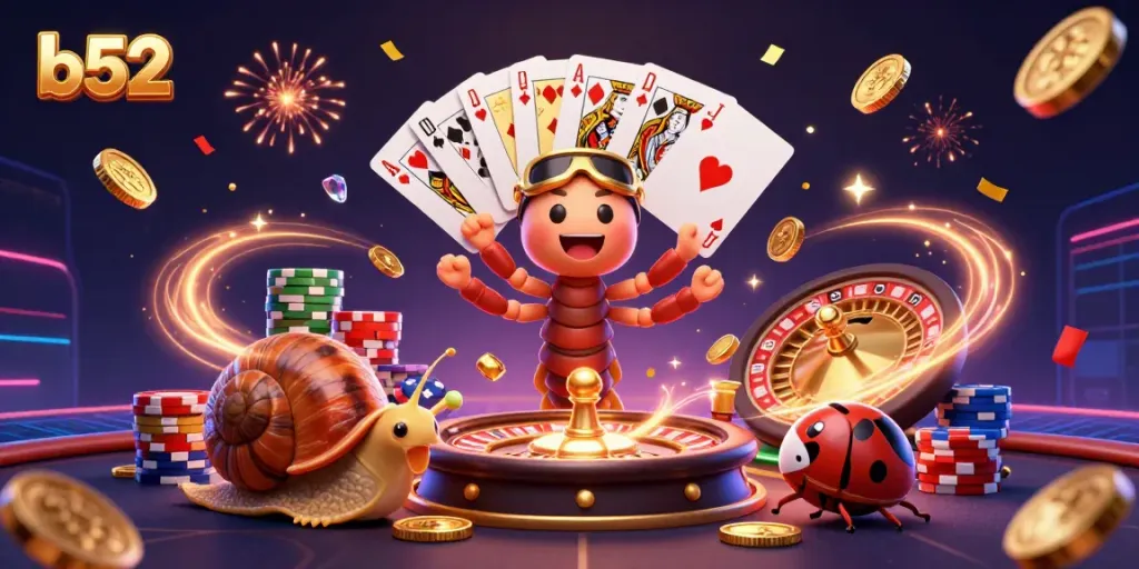 Experience thrilling gameplay with the b52 cartoon dealer and characters surrounded by vibrant casino action.