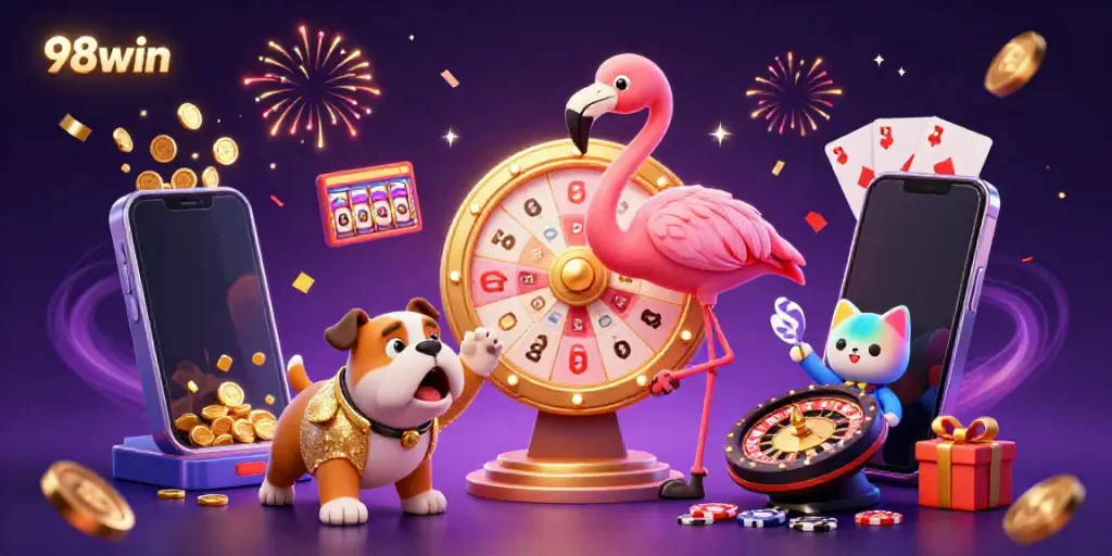 Engage with 98win's exciting gaming experience as colorful coins and slot games spin joyfully around energetic characters.