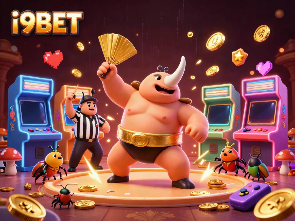 Experience excitement at i9BET with a sumo beetle champion conquering coins in a vibrant casino