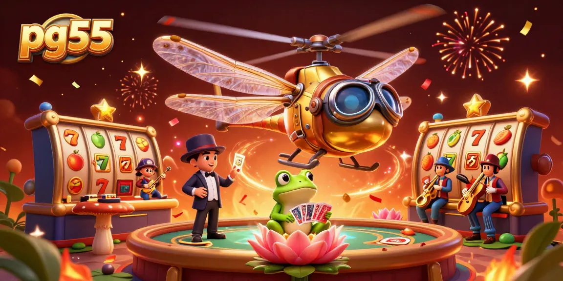 Enjoy thrilling gameplay at pg55 with a dragonfly pilot and frog dealer in a vibrant casino scene.