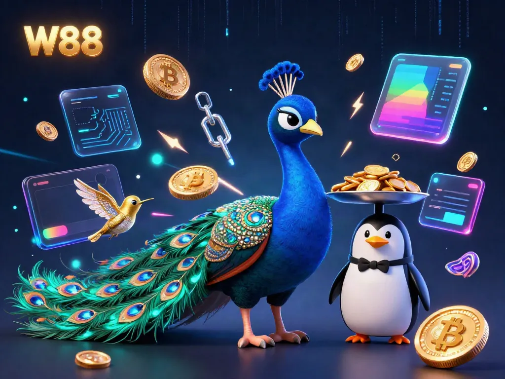 W88 online casino promotions illustrated with peacock, butler penguin, and golden hummingbird amid dynamic gaming elements.