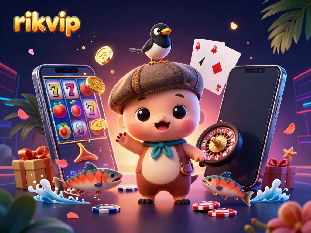 Engage with rikvip's exciting gaming world featuring a playful Nessie and lucky magpie, celebrating casino thrills.