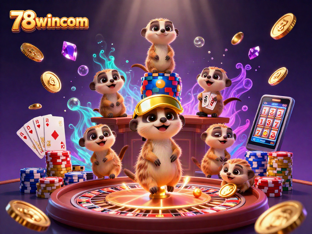 Experience the excitement of 78wincom with playful meerkats running a vibrant casino filled with games and treasures.