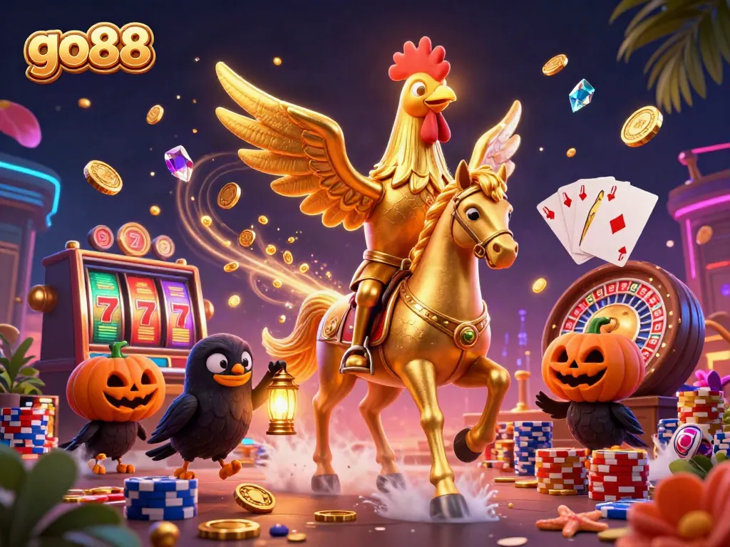 Engage with the vibrant go88 casino world featuring a golden rooster character amid animated gaming elements.