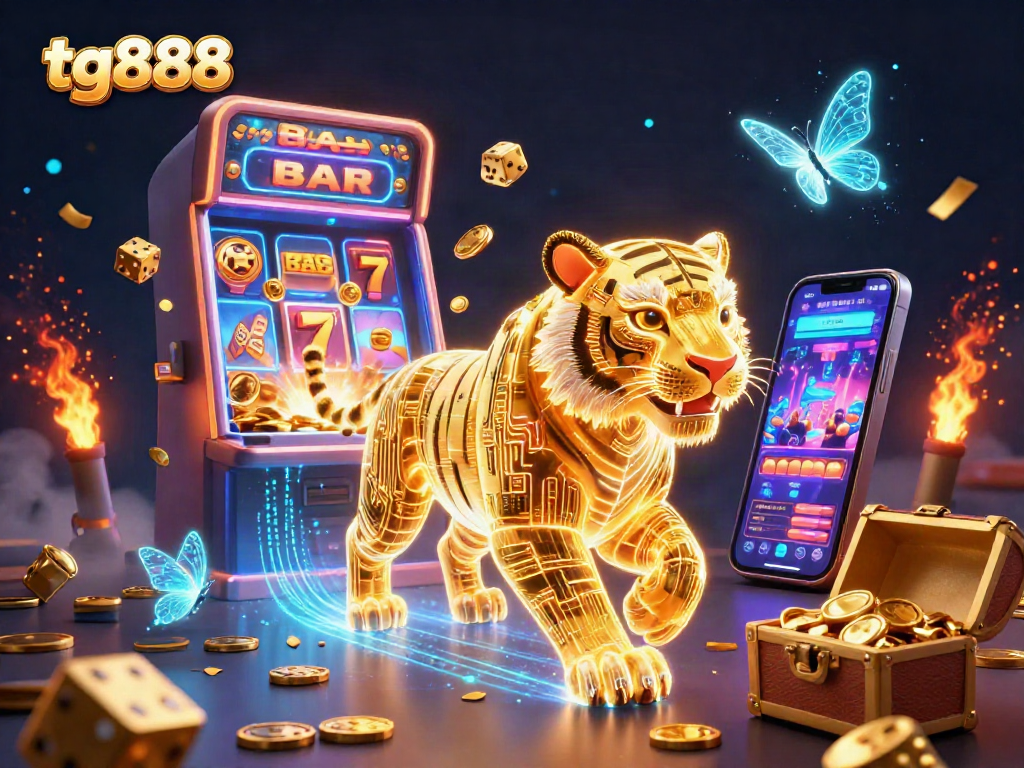 Play thrilling casino games with tg888 featuring a golden tiger, dynamic slot machines, and exciting winning elements.