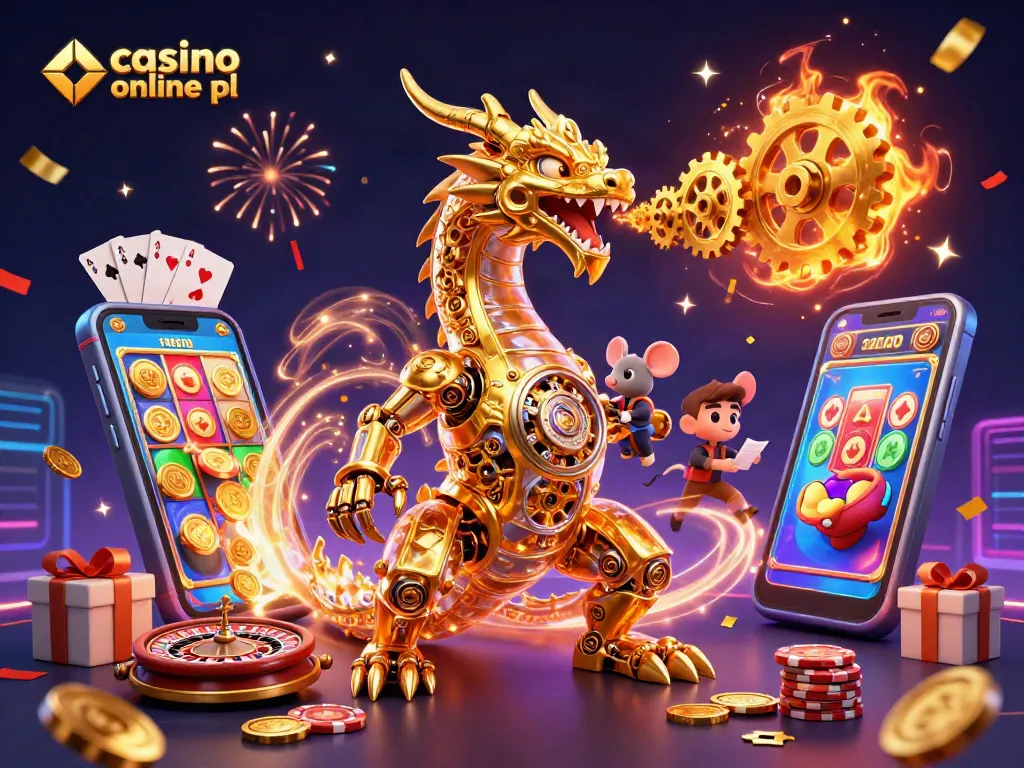 Experience the excitement of casino online pl with a dragon and engineer in a vibrant 3D illustration