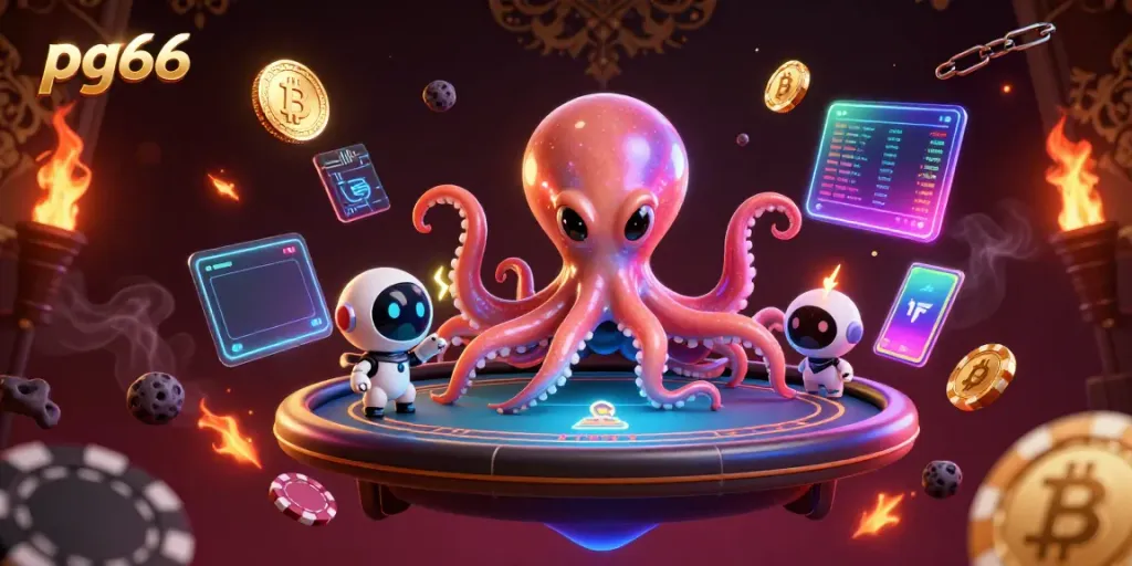 Experience the excitement of pg66 with a cosmic octopus at a holographic poker table.
