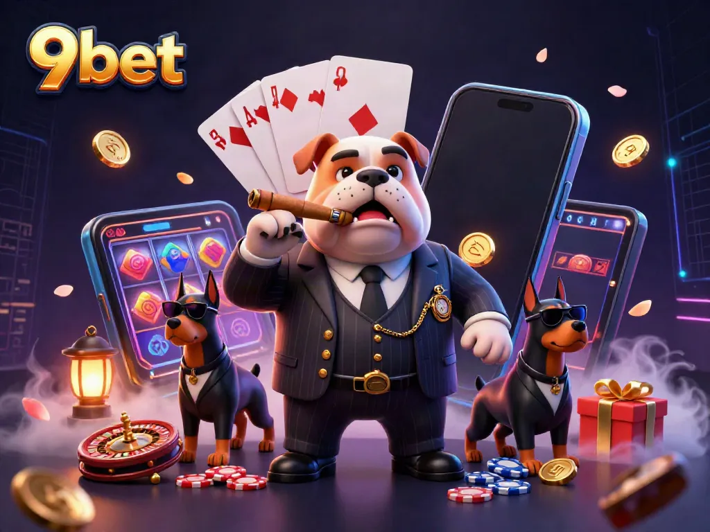 Engage in exciting gambling adventures with 9bet as a mafia boss bulldog and his bodyguards surround vibrant game elements.