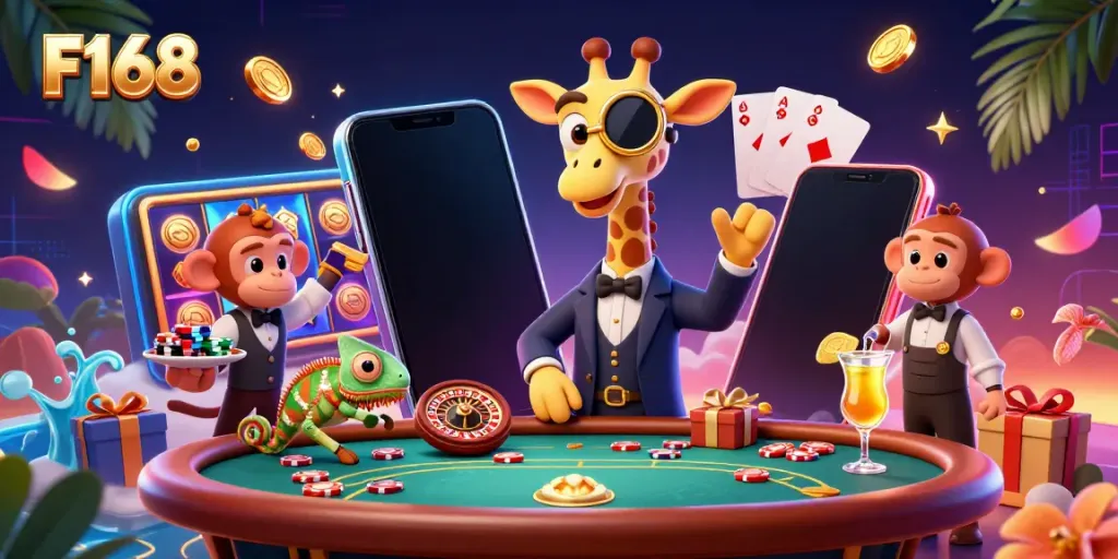 Join the excitement at F168 with a vibrant scene of a gambling giraffe and friends, showcasing casino thrills.
