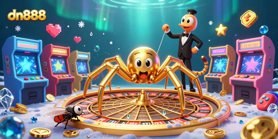 Watch the dn888 spider spinning a roulette wheel web while a fly bets nervously in this vibrant casino scene.