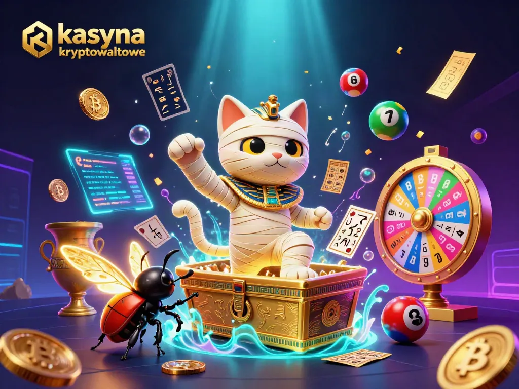Play in kasyna kryptowalutowe with Egyptian mummy cat, golden coins, and vibrant game elements.