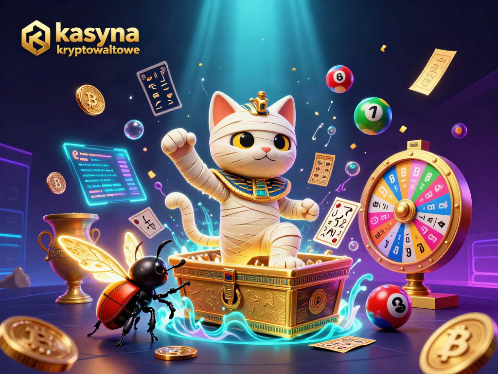 Play in kasyna kryptowalutowe with Egyptian mummy cat, golden coins, and vibrant game elements.