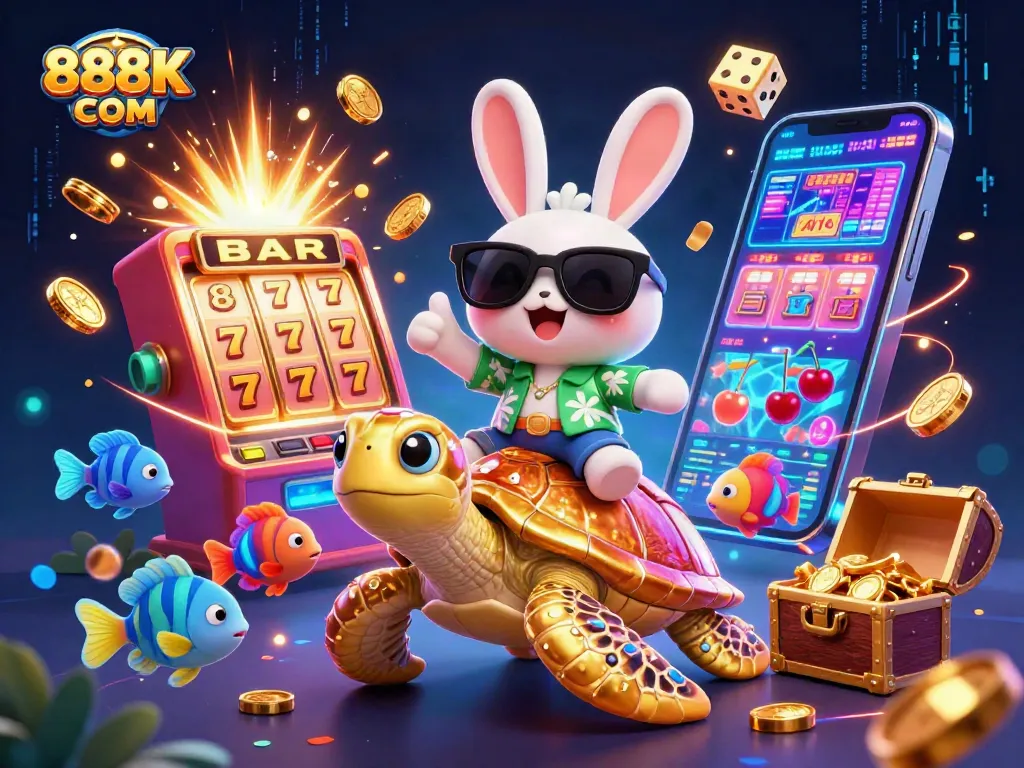 Spin to win at 888K COM with a lively jackpot scene featuring vibrant characters and casino elements.