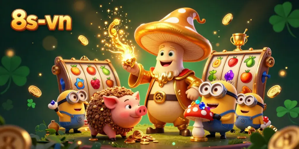 Experience the golden magic of 8s-vn with a whimsical illustration featuring characters from a fantasy casino.
