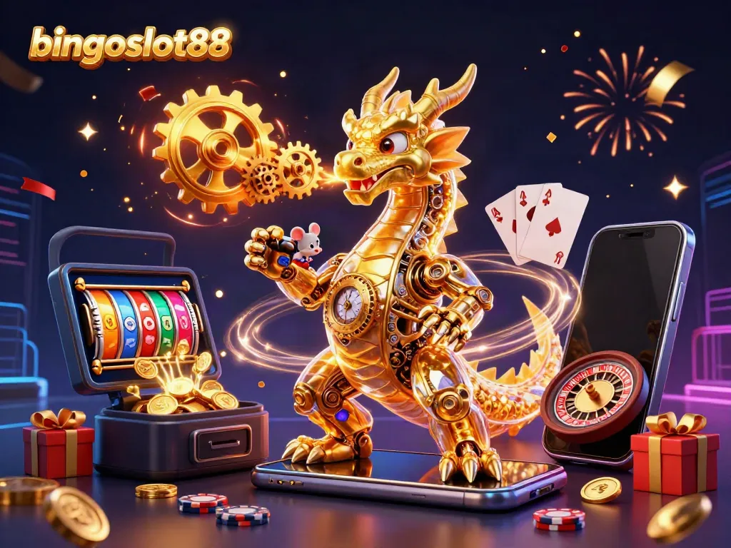 Gambarkan keseruan bingoslot88 dengan naga emas biomekanik dan elemen permainan kasino yang menarik.