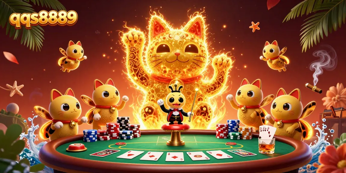Experience the vibrant qqs8889 scene with golden fireflies and casino symbols amidst rich detail.