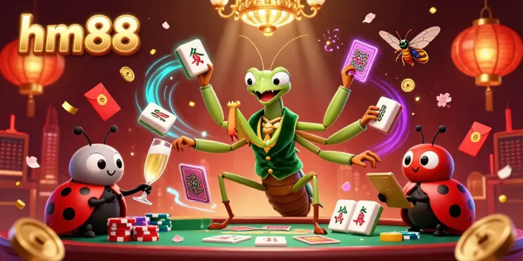 Experience the vibrant excitement of hm88 as a giant praying mantis card sharp deals cards in an ultra-detailed casino scene.