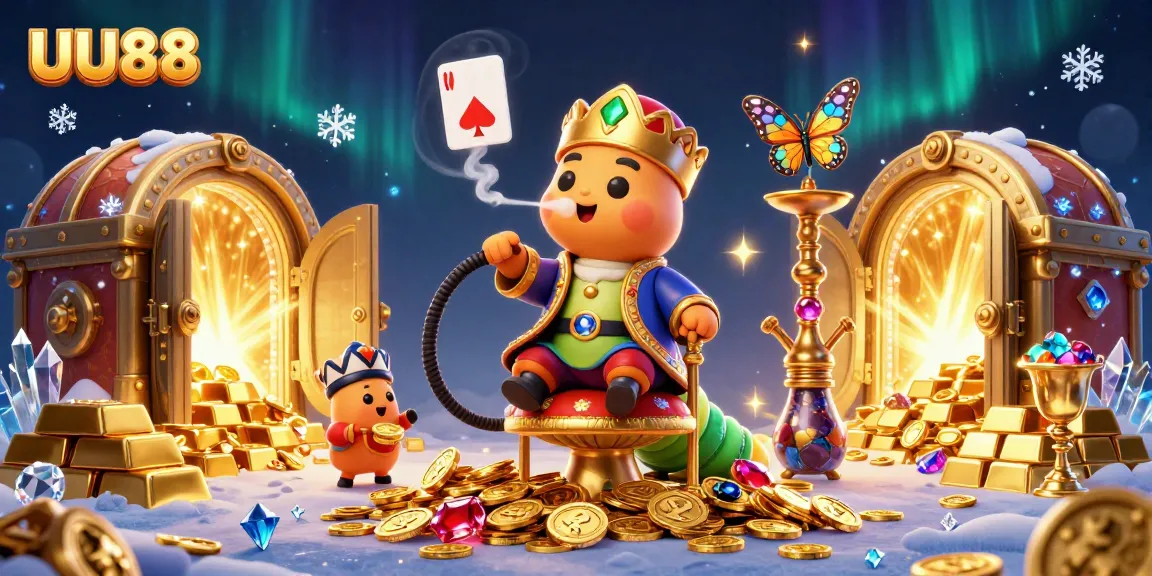 Experience thrilling moments at UU88 with a vibrant 3D casino illustration of a caterpillar poker master.
