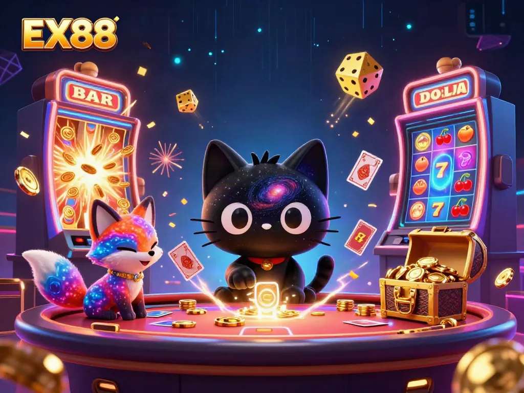 Experience thrilling gameplay with EX88, featuring a cosmic casino table and vibrant characters captivating players.