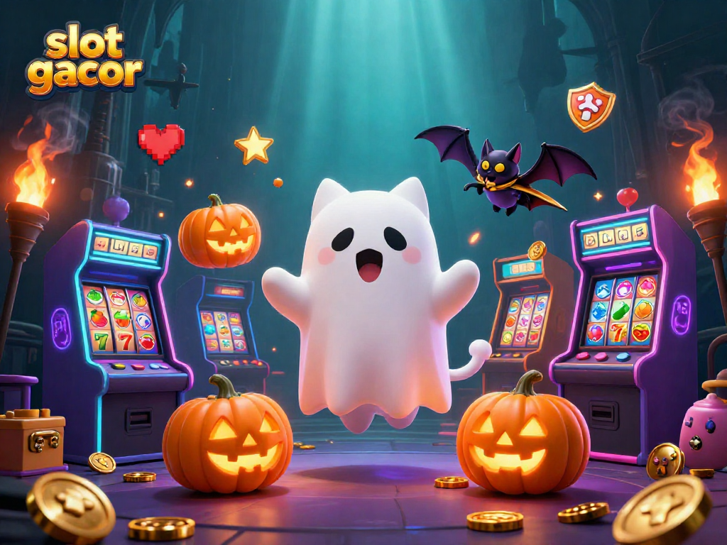 Experience thrilling slot gacor adventures with a ghost cat and arcade elements in a haunted casino.