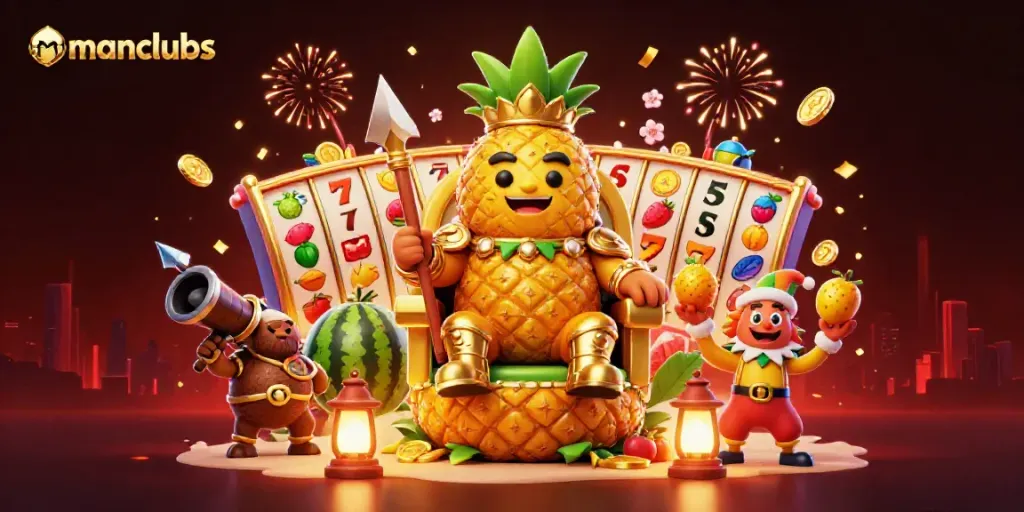 Engage with manclubs gaming through an exciting scene featuring the golden pineapple king and vibrant slot elements.