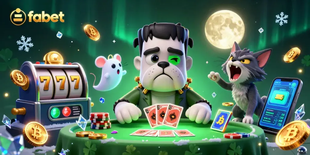 Play exciting slot games with fabet's vibrant characters at a spooky casino table