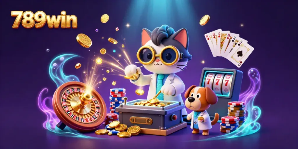 Experience the excitement of 789win with a playful 3D scene featuring a mad scientist cat, golden coins, and gaming elements.