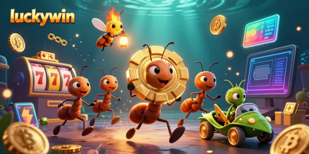 Experience thrilling gameplay at luckywin with a cartoon heist scene featuring ants and crypto elements.