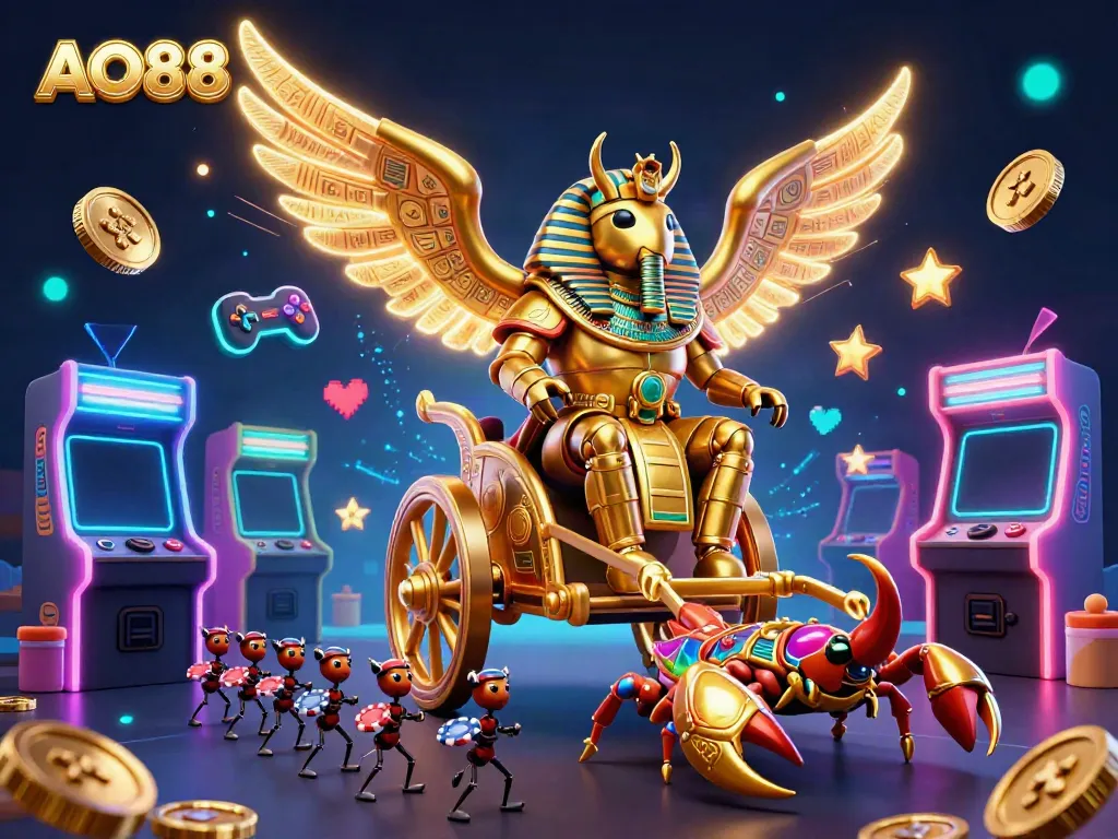 Engage with the exciting world of AO88, featuring a golden scarab beetle in a casino-inspired scene filled with colorful games, chips, and neon lights.