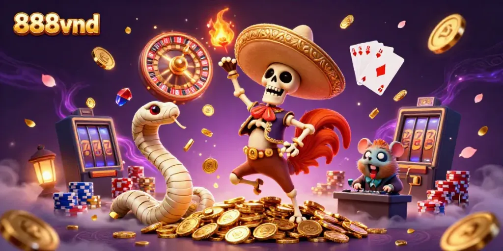 Position your bets and enjoy endless gaming thrills with 888vnd's vibrant 3D casino illustration