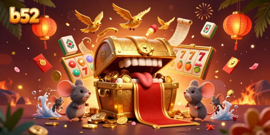 Experience the thrill of b52 gaming with a treasure chest enticing adventurer mice in an elaborate casino-themed illustration.