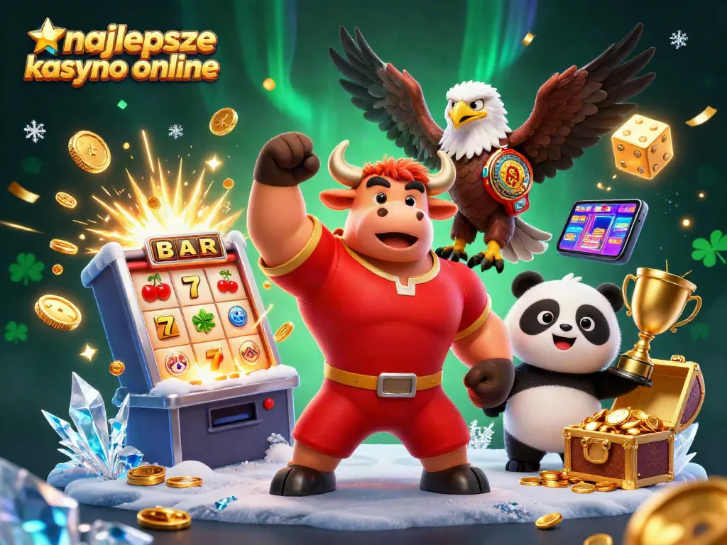 Join the excitement at najlepsze kasyno online, showcasing a vibrant casino scene with animated characters.