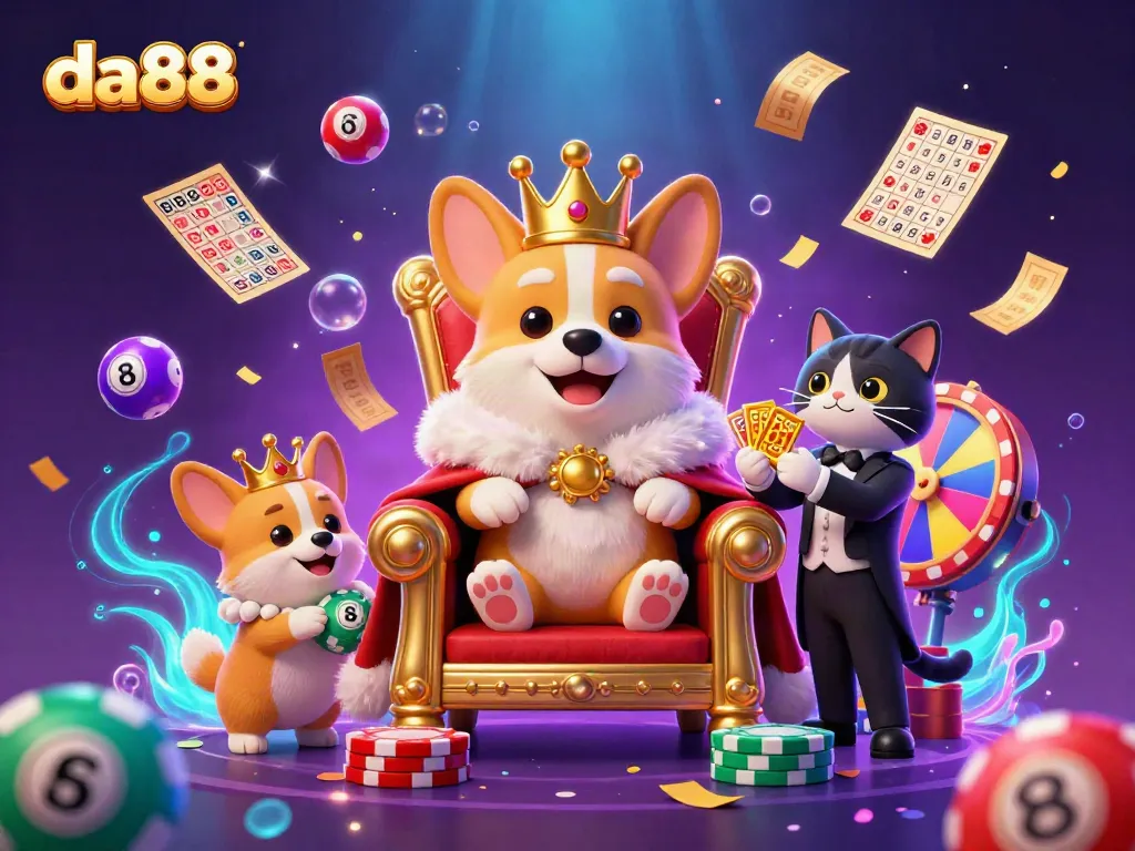 Join the excitement at da88 with royal corgis and lottery balls celebrating the thrill of online gaming!