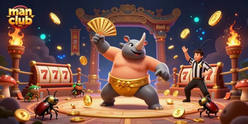 Experience dazzling wins at man club while a rhinoceros beetle champion stomps coins, surrounded by energetic gaming elements.