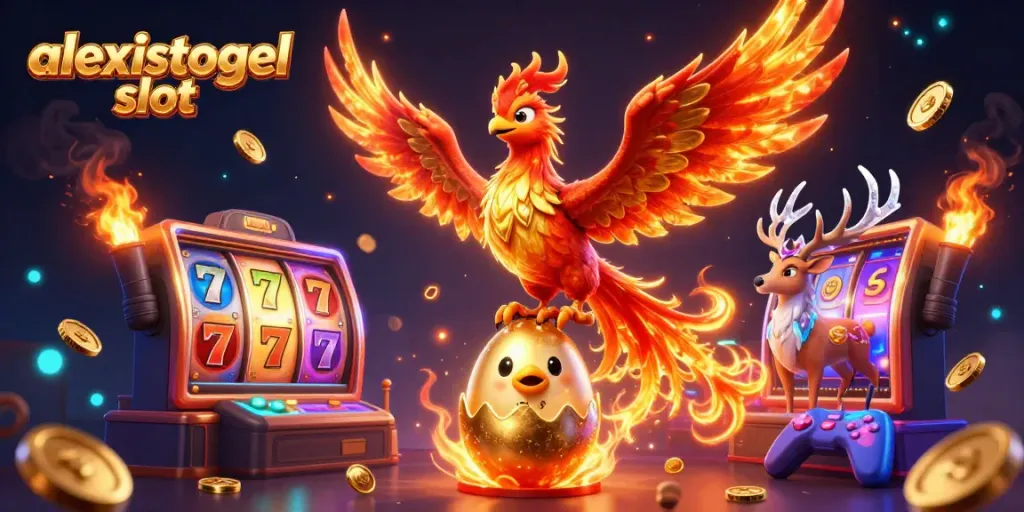Ilustrasi dinamis "alexistogel slot" dengan phoenix berapi dan mesin slot berkilau.