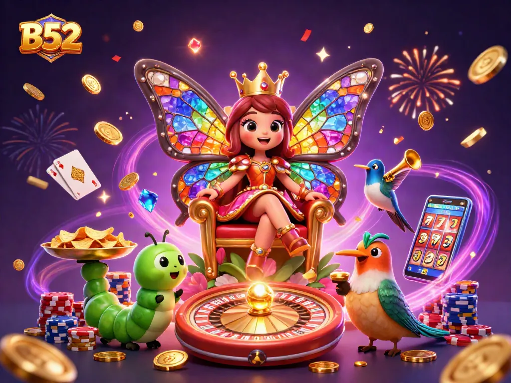 Experience the excitement of B52 with dazzling casino elements featuring riches and vibrant characters.
