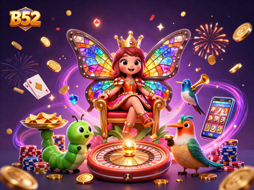 Experience the excitement of B52 with dazzling casino elements featuring riches and vibrant characters.