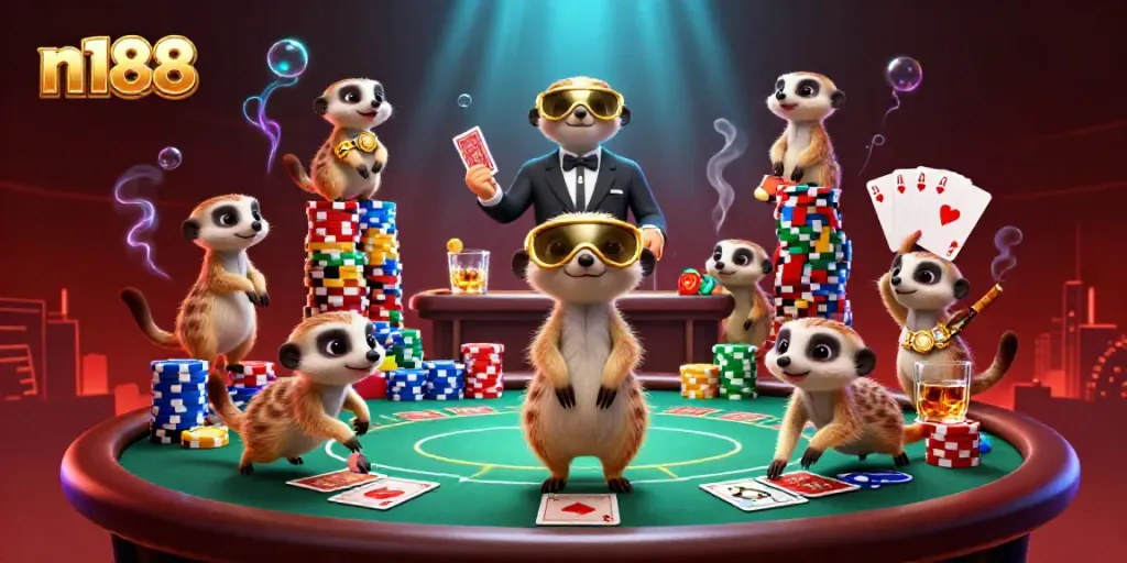 Experience thrilling gaming at n188 with lively meerkats managing a casino table teeming with chips.