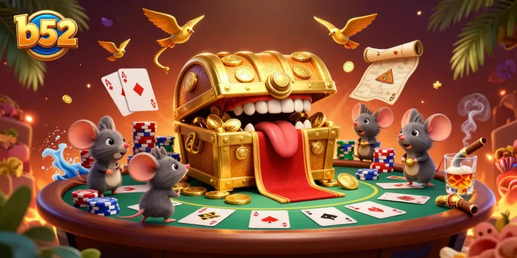 Play exciting poker games at b52 with a golden treasure chest attracting adventurer mice.