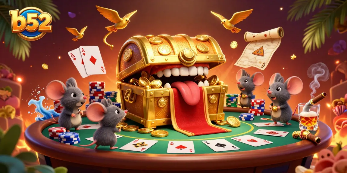 Play exciting poker games at b52 with a golden treasure chest attracting adventurer mice.