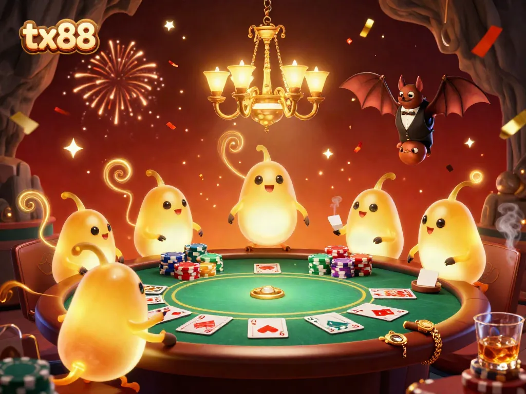 Experience thrilling gameplay with tx88 as glowworms illuminate a vibrant cave casino with poker elements.