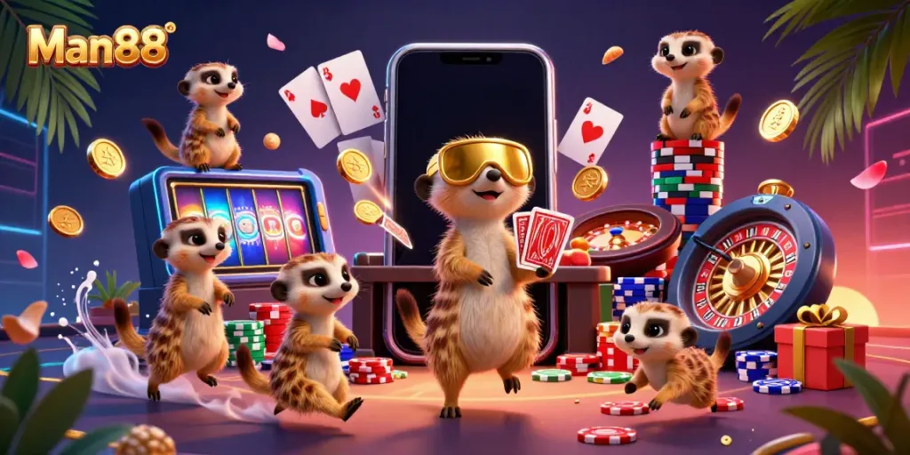 Experience the excitement of casino games at Man88 with playful meerkats managing vibrant slot and table games.