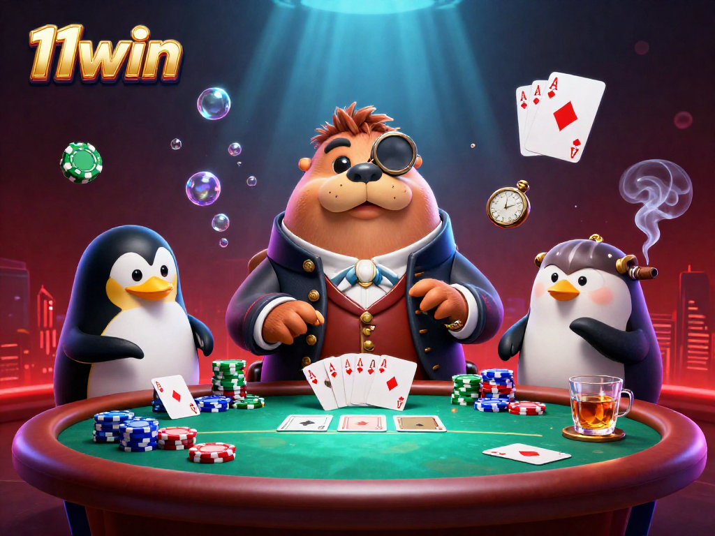 Experience the thrilling poker game with 11win's underwater characters and vibrant casino elements.
