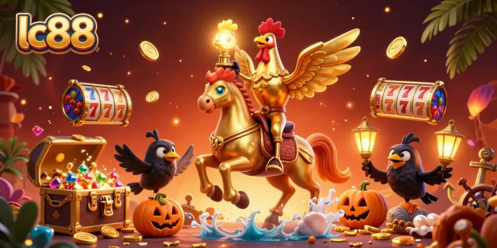 lc88 showcases a vibrant scene with a golden rooster riding through a casino, symbolizing gaming excitement.