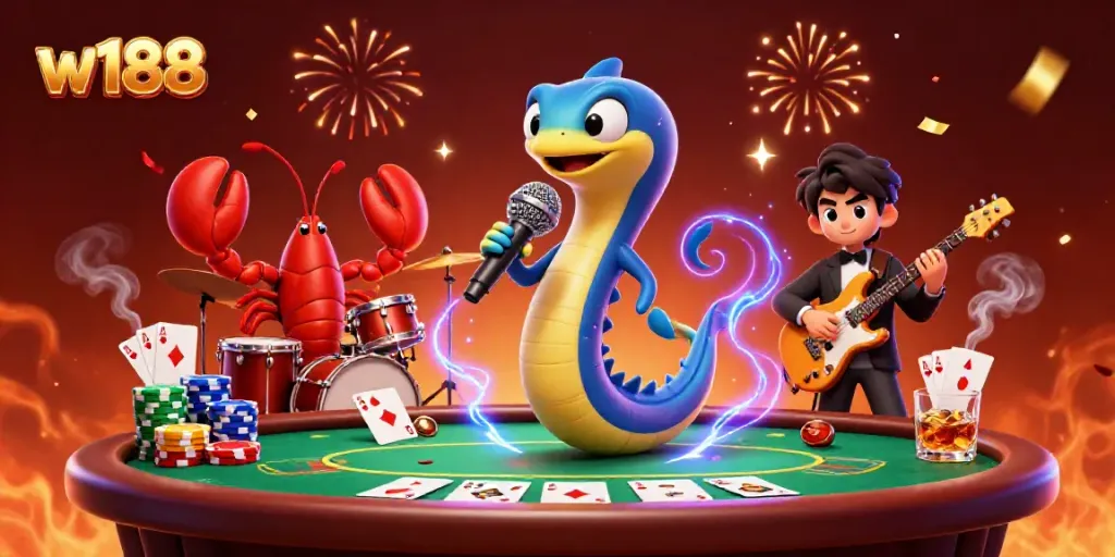 Experience the dynamic energy of w188 gaming with an electric eel DJ performing amidst vibrant casino elements.