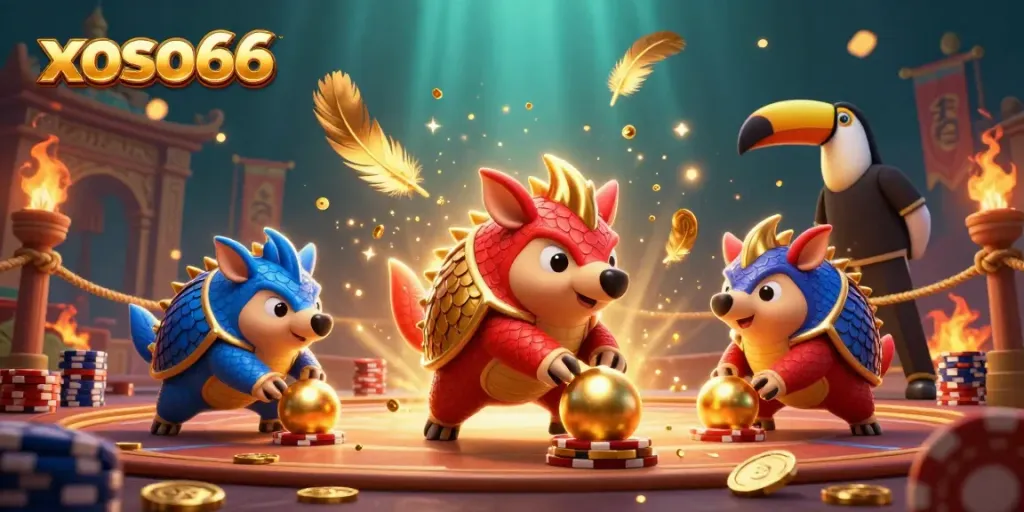 Experience vibrant gameplay at xoso66 with rival pangolins amidst poker excitement and gold!