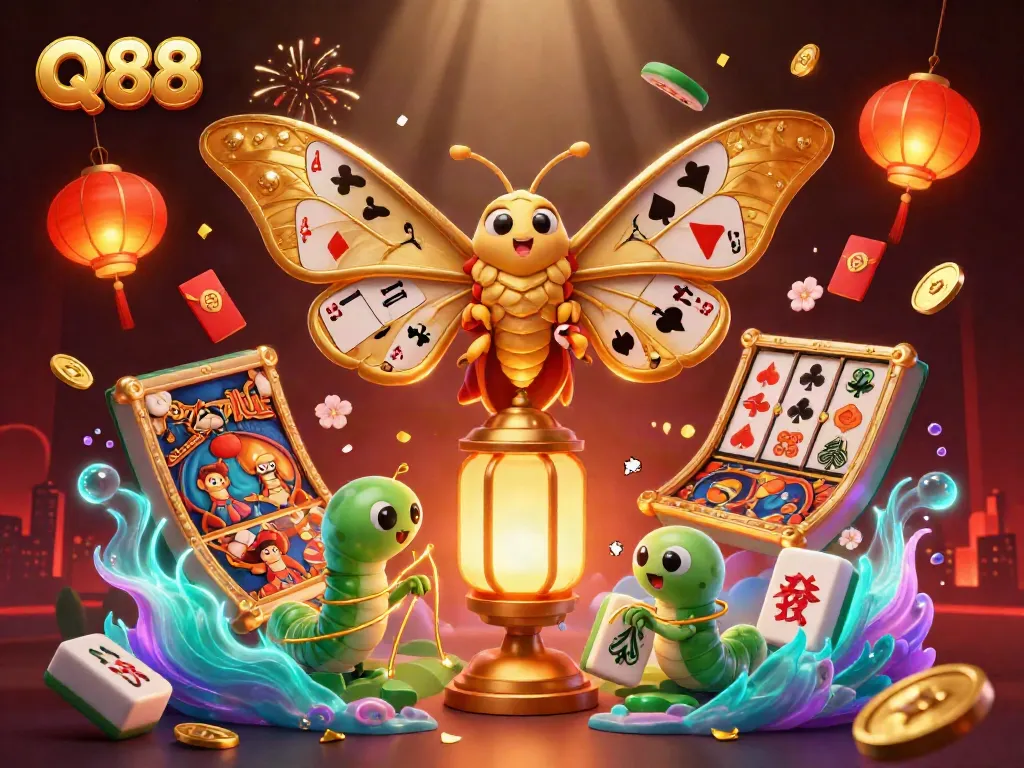 Experience thrilling gameplay at Q88 with a vibrant 3D illustration, showcasing casino excitement.
